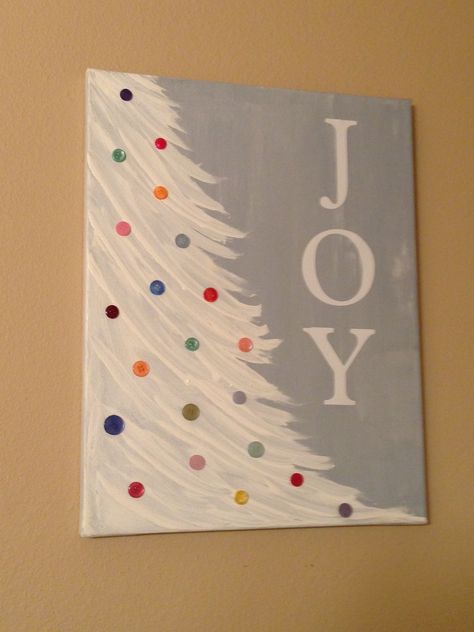 i created this based on a pinterest post... paint canvas, brush in tree, cricut the JOY letters, and glued on buttons, and then clear coat with modpodge... love this!  the original pin of instructions is on my "a very merry CHRISTmas" board Christmas Pastels Art, Holiday Paintings, Diy Christmas Canvas, Alcohol Games, Christmas Canvas Art, Senior Center, Christmas Paintings On Canvas, Kids Painting, Craft Kids