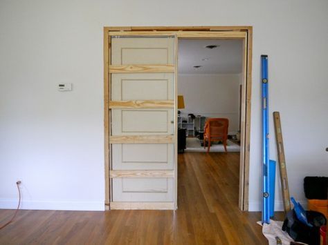 How to build a pocket door Pocket Door Bathroom, Pocket Doors Diy, Diy Pocket Door, Pocket Doors Bathroom, Pocket Door Installation, Pocket Door Frame, Diy Sliding Door, Cheap Kitchen Decor, Building A Door