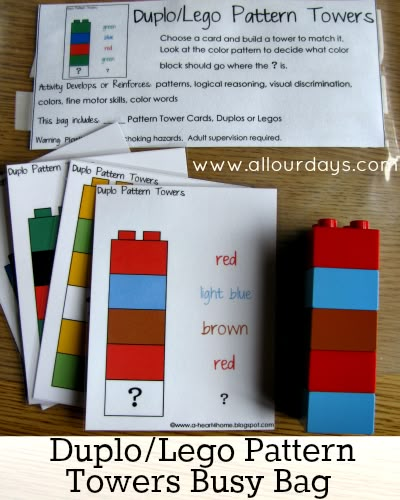 Duplo Lego Pattern Towers Busy Bag #freeprintable (Part of the 31 Days of Busy Bags & Quiet Time Activities @ AllOurDays.com) Mit University, School Acceptance, Busy Bag Ideas, Pune Maharashtra, Math Patterns, Quiet Time Activities, School Application, Lego Activities, Quiet Activities