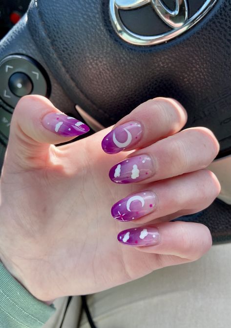 Purple Nails With Clouds, Purple Cloud Nails, Cloud Nails, Purple Ombre Nails, Kawaii Nail Art, Korean Nail Art, Sky Nails, Moon Nails, Lavender Nails