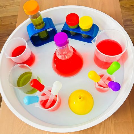 Science Lab 🧪 - Science week inspired - Water play - Colour mixing - Scientist role play - Exploring scientific equipment #tufftray #tufftrayideas #tufftrayactivities #tufftrayinspiration #tufftrayplay #tufftrayfun #playtray #inspiremyplay #playtrayideas #eyfs #earlyyears #eyfsideas #eytagteam #scienceweek #letsshareourplay #inspiretheirearlyyears #funbudgetplay #learningwiththesmalls #playwithalbertandwilf #simpleplayforlittles #simpleplay #waterplay #playideas #sensoryplay #messyplay ... Scientific Equipment, Science Week, Water Tray, Colour Mixing, Prime Colors, Tuff Tray, Messy Play, Water Play, Science Lab