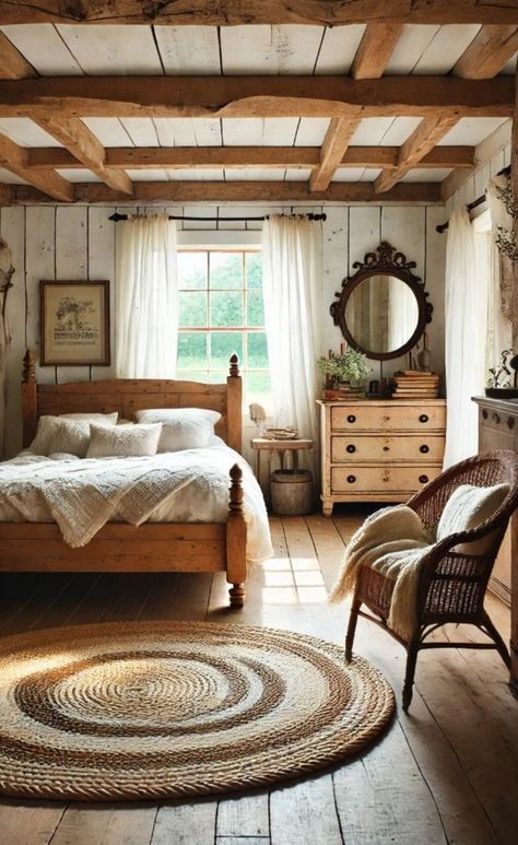 Cottage Bedframes, Primitive Farmhouse Bedroom, Farmhouse Aesthetic Bedroom, Bedroom Farmhouse Ideas, Old Farmhouse Bedroom, Reclaimed Wood Bed, Sheer White Curtains, Rustic Wooden Bed, Wooden Bed Frame Rustic