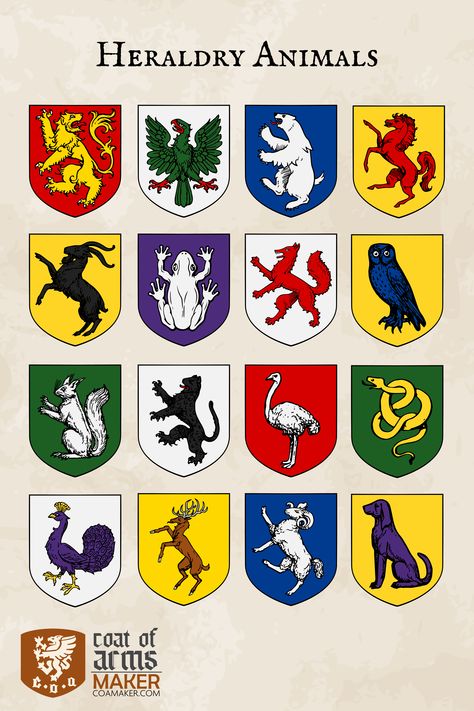 Step into the rich world of heraldry with this striking collection of 16 Heraldic Animals: lion, eagle, bear, serpent, owl, peacock, and more! With the heraldry tool CoaMaker on www.CoaMaker.com, you can integrate these symbols into your own personal or fictional coat of arms. Whether you're designing a noble house for your fantasy novel, creating a banner for your D&D campaign, or exploring a unique way to encapsulate your family's history, the coat of arms templates on CoaMaker will help you. Coats Of Arms Design, Coats Of Arms, Heraldic Symbols, Coat Of Arms Template, Fantasy Crest, Coat Of Arms Design, Fantasy Coat Of Arms, Dragon Coat Of Arms, Heraldry Design Symbols