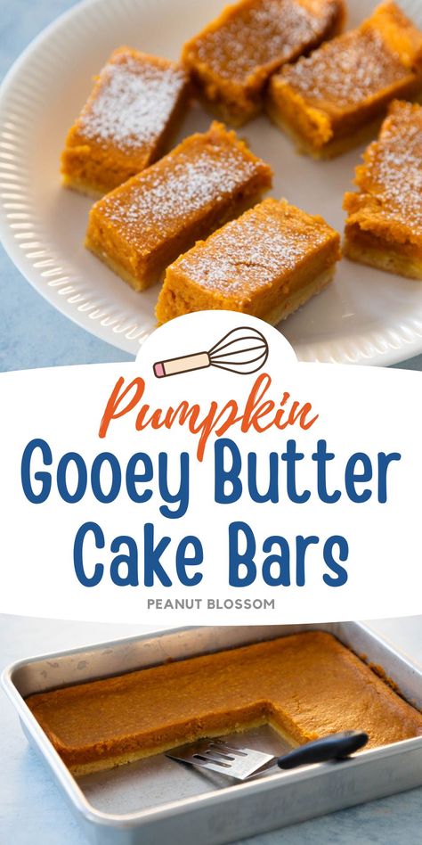 These delicious and easy pumpkin gooey butter cake bars are made with a yellow cake mix and can of pumpkin puree. A travel friendly dessert to bring to Thanksgiving potlucks or add to your dessert table for the holiday. Perfect for beginner bakers who don't want to mess around with pie crust. No Bake Pumpkin Pie Bars Karo, Paula Dean Gooey Pumpkin Bars, Yellow Cake Mix And Canned Pumpkin, Pumpkin Gooey Butter Bars, Butter Yellow Cake Mix Recipes, Pumpkin Pie Bars With Cake Mix Crust, Yellow Cake Mix And Pumpkin Puree, Pumpkin Dessert With Yellow Cake, Cake Mix Pumpkin Bars