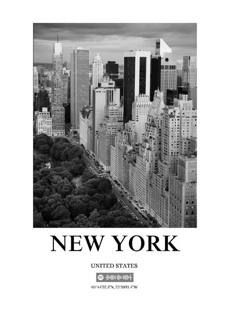 NYC poster with Central Park view, New York coordinates with Welcome to New York (Taylor's Version) Spotify code New York Room Poster, New York Poster Aesthetic, New York Graphic Design, Nex York, Nyc Poster, New York City Poster, Central Park View, Welcome To New York, New York City Aesthetic