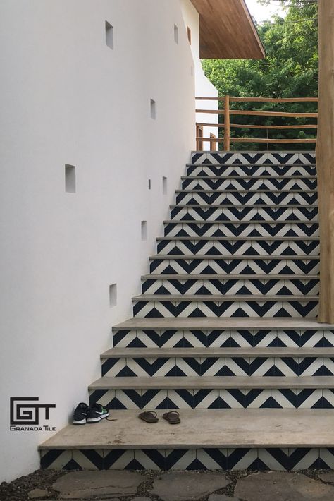 Echo Santander Costa Rica Stairs Granada Cement Tile #GranadaTile Tile Front Stairs, Tiled Exterior Stairs, Tile Stairs Outdoor, Front Patio Tile Ideas, Tiled Stairs Outdoor, Tiled Outdoor Steps, Tile Stairs Outdoor Front Steps, Cement Stairs Outside, Tiled Stairs