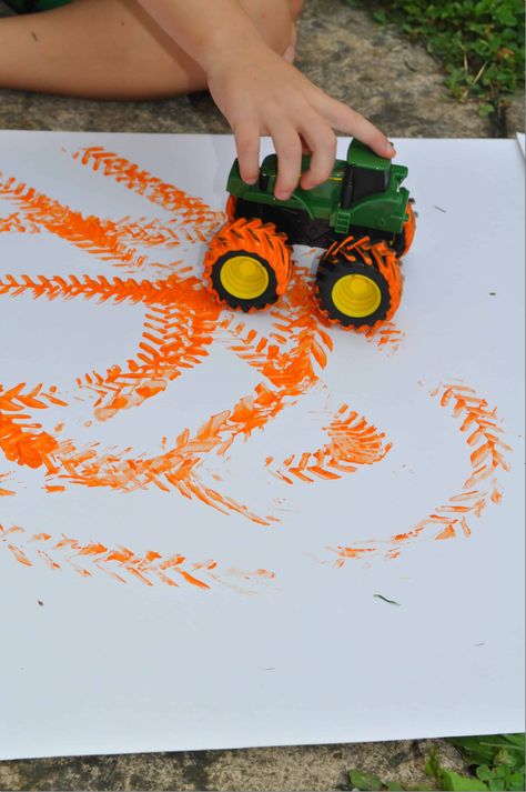 Painting with Tractors Farm Themed Process Art, Barnyard Animal Crafts, Farm And Harvest Preschool, Farm Homeschool Activities, Farm Books For Preschool, Farm School Activities, Farm Literacy Activities Preschool, Farm Animal Art For Toddlers, Farm Themed Crafts