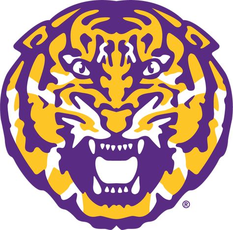 LSU Tigers Logo Secondary Logo (2017-Pres) - Updated Tiger Head logo in purple and gold. The original tiger head debuted in 1977 and was featured on their football helmets. In 2014, the design was updated but it was not until 2017 when the logo was expanded to Secondary use in LSU`s athletics branding. SportsLogos.Net Lsu Tigers Art, Lego Font, Lsu Tigers Logo, Lsu Tigers Football, Lsu Football, Sport Logos, Tiger Football, Geaux Tigers, Louisiana State University