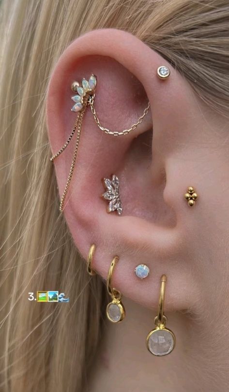 Eat Piercing Combinations, Custom Bent Industrial Piercing, Fantasy Ear Piercings, Industrial Piercing Alternative, Ear Piercing Set Up, Ear Stacking Ideas, Ear Piercing Combinations, Ear Stacks, Ear Curation