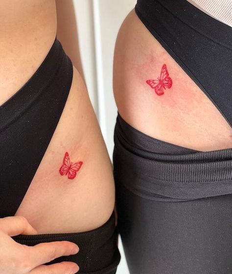 Matching Peach Tattoo, Red Matching Tattoos For Best Friends, Matching Tattoos For Close Friends, Tattoos On Hips For Women, Tight Tattoos For Women, Duo Tattoo Ideas, Tight Tattoo, Tight Tattoos, Red Black Tattoo