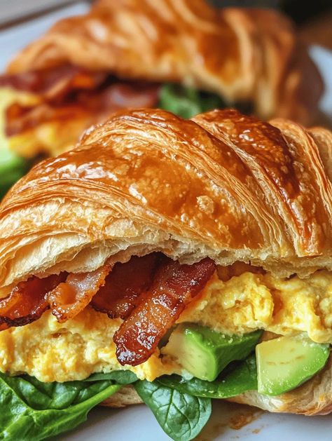 Start your day off right with the Breakfast Croissant Sandwich Extravaganza, a dish that takes breakfast to a whole new level! Picture this: flaky, buttery croissants stuffed with fluffy scrambled eggs, crispy bacon, creamy avocado, and fresh spinach. This sandwich is not just a meal; it’s a morning celebration that will have your taste buds dancing with joy. Whether you’re hosting brunch or simply treating yourself to a special breakfast at home, this recipe is sure to impress! Sausage Croissant Sandwich, Fluffy Eggs For Sandwich, Baked Croissant Sandwich, Croissant Egg Sandwich, Croissants Recipe Stuffed, Croissant Recipe Stuffed, Egg Croissant Sandwich, Crossiant Sandwich, Avocado Croissant