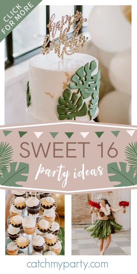 Check out this tropical luau sweet 16 birthday party! The luau entertainer are marvellous!! See more party ideas and share yours at CatchMyparty.com Aloha Sweet 16 Party Ideas, Luau Party Ideas Sweet 16, Moana Themed Sweet 16, Sweet 16 Luau Party Ideas, Luau Sweet 16 Party Ideas, Luau Sweet 16, Luau Party Cakes, Tropical Sweet 16, Tropical Party Foods