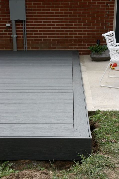 Photo 7- grey Trex type decking material. See small screw holes in large image Simple Trex Deck Ideas, Decking Edging Ideas, Decking Layout Ideas, Deck Edge Ideas, Trex Deck Patterns, Composite Deck Ideas Layout, Step Up Deck, Deck Edging Ideas, Decking Edging