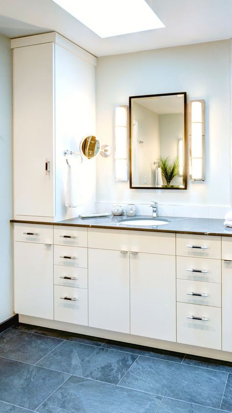 Bathroom vanity with tall side cabinet. Vanity With Tall Side Cabinet, Bathroom Vanity With Tall Side Cabinet, Big Showers, Neutral Wall Paint, Design Psychology, Big Shower, Pony Wall, White Wall Tiles, Feature Tiles