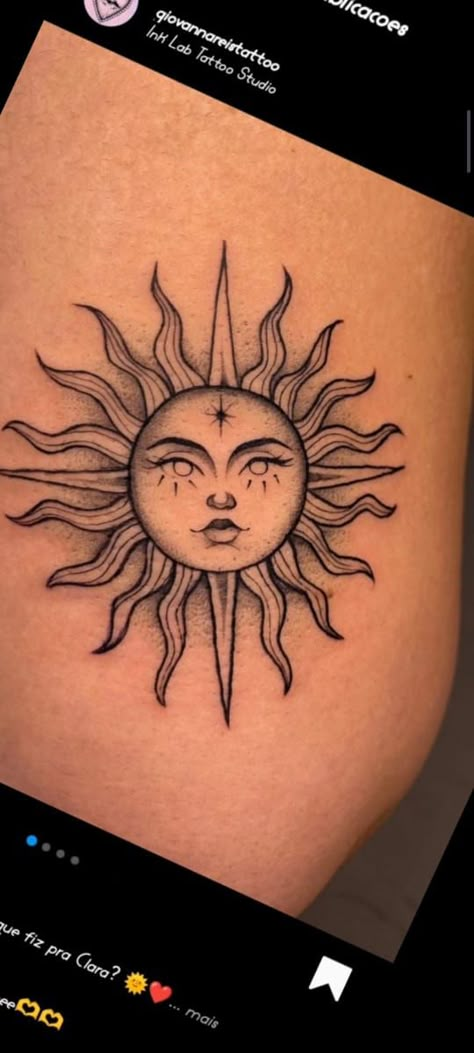 Neo Trad Sun Tattoo, Three Suns Tattoo, Separate Sun And Moon Tattoos, Sun Tattoo Above Elbow, Sun Face Tattoo Design, Sun Shin Tattoo, Girly Sun Tattoo, Sun Knee Tattoos Women, Sun And Moon Shin Tattoo