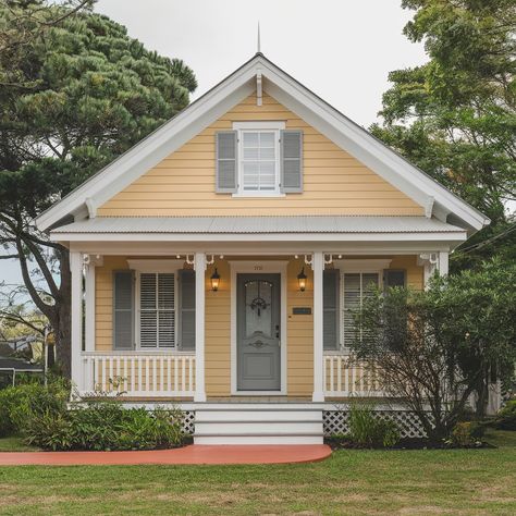 Front Door Color For Yellow House 💛💛💛 House Paint Exterior Yellow, Front Door Colors Yellow House, Yellow Shutters Exterior, Bungalow Paint Colors Exterior, Yellow House Shutter Colors, Yellow House With Shutters, Yellow Farmhouse Exterior, Pale Yellow House Exterior, Light Yellow House