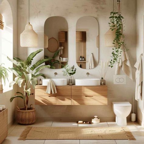 Transform your bathroom into a cozy oasis with Scandiboho style - a harmonious blend of Scandinavian design and bohemian flair. Experience the perfect balance of functionality and charm, featuring natural elements, soft textures, and a hint of vintage allure. Unwind in a space that is uniquely yours, designed for relaxation and rejuvenation. #Scandinavianvibes #Bohemianbath #Relaxationstation #Homeinteriors. Bathroom Cozy Aesthetic, Natural Scandinavian Interior, Oasis Bathroom Ideas, Scandinavian Mood Board Interior Design, Scandinavian Bohemian Interior, Bathroom Mood Board Inspiration, Nordic Bathroom Scandinavian Style, Cozy Bathroom Aesthetic, Scandinavian Cottage Interior