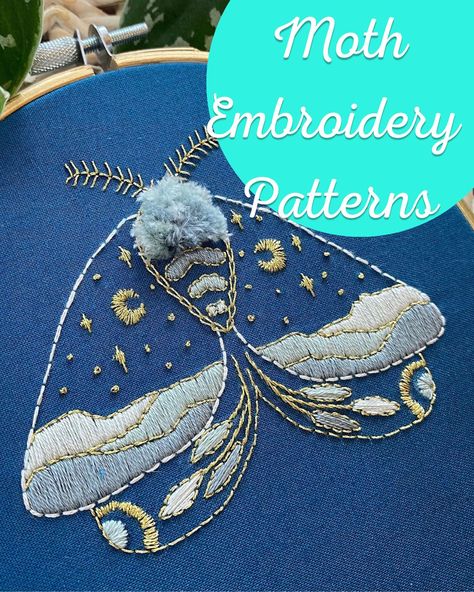 Lunar Moth Embroidery Pattern, Moth Embroidery Pattern Free, Lunar Moth Embroidery, Tattoo Embroidery Designs, Luna Moth Embroidery, Moth Embroidery Simple, Manly Embroidery Ideas, Moth Diy, Mushroom Embroidery Pattern