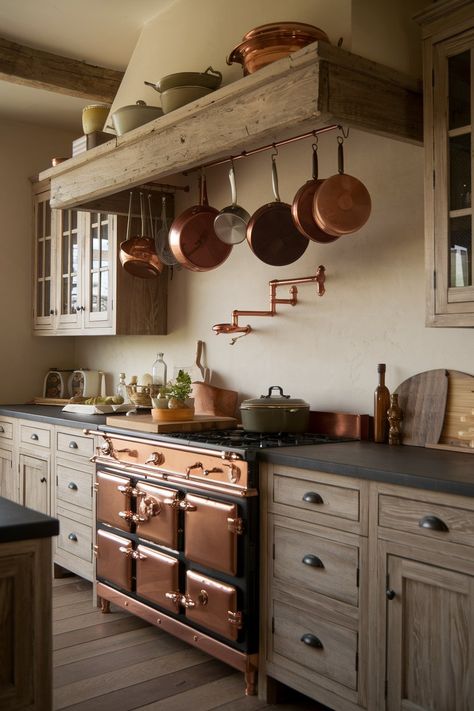 Old Italian Kitchen, Kitchen With Peninsula Layout, Oak Wood Cabinets, Black Kitchen Countertops, Brick Backsplash Kitchen, Old World Kitchens, Homestead Kitchen, Kitchen Fridge, Black Countertops