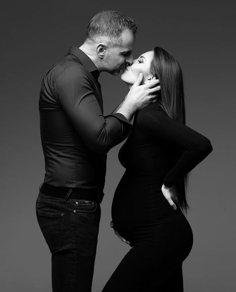 Maternity Photography White Button Up, Maternity Photo Shoot Glam, Maternity Shoot With Husband Studio, Portrait Maternity Photography, Twins Announcement Photoshoot, Hotel Maternity Photoshoot, Classy Maternity Shoot Couple, Maternity Shoot Couple Poses, Party Maternity Outfit