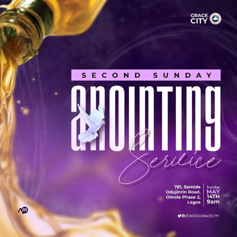 Anointing service flier design for RCCG Grace City, Berger. Anointing Service Flyer Design, Christian Background Images, Christian Graphic Design, Christian Backgrounds, Church Poster Design, Graphic Design Flyer, Church Poster, Church Graphic Design, Graphic Design Photoshop