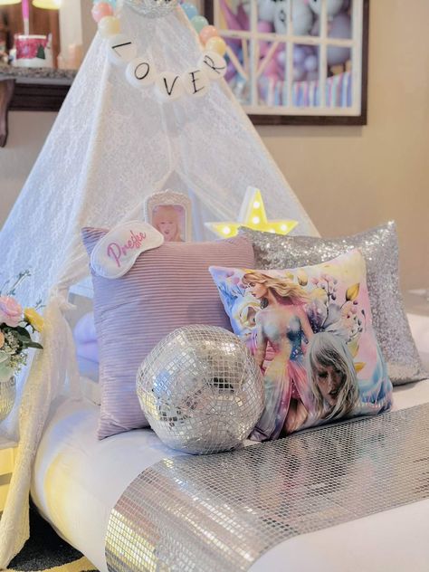 Preslee's Taylor Swift Eras Sleepover | CatchMyParty.com Sleepover Tray Ideas, Taylor Swift Sleepover Tents, Taylor Swift Birthday Party Ideas Sleepover, Taylor Swift Sleepover Ideas, Taylor Swift Sleepover, Taylor Swift Birthday Invitations, Harry Potter Sleepover, Birthday Taylor Swift, Swiftie Party