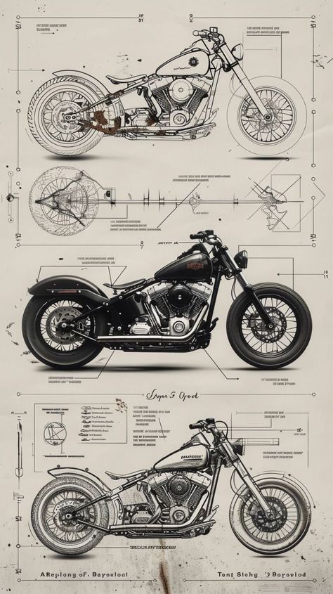 Harley Davidson Blueprint, Harley Davidson Posters Vintage, Harley Davidson Motorcycles Drawing, Motorcycle Poster Design, Bike Poster Design, Harley Davidson Aesthetic, Motorcycle Diagram, Harley Davidson Design, Harley Davidson Kunst