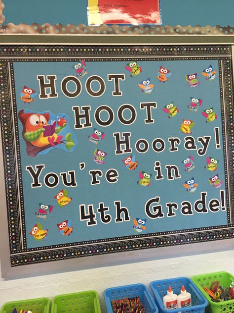 Owl Bulletin Board, 4th Grade, Hoot Hoot Hooray Owl Bulletin Board Ideas, Owl Bulletin Boards, Welcome Bulletin Boards, Elementary Bulletin Boards, Owl Theme Classroom, Bullentin Boards, Owl Classroom, Back To School Bulletin Boards, Owl Theme