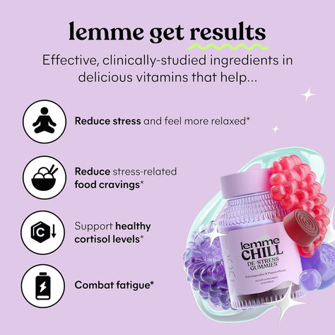 Lemme Chill Stress Relief Gummies with 300mg KSM-66 Ashwagandha, Lemon Balm, Passionflower & Goji to Support Relaxation, Healthy Cortisol & Sleep - Vegan, Gluten-Free, Non-GMO, Mixed Berry (60 Count) Lemme Gummies, Lemme Sleep Gummies, Sleep Gummies For Adults, Vitamin Gummies Packaging, Vitamins Gummies, November Moodboard, Melatonin Gummies, Lunch Foods, Cortisol Levels