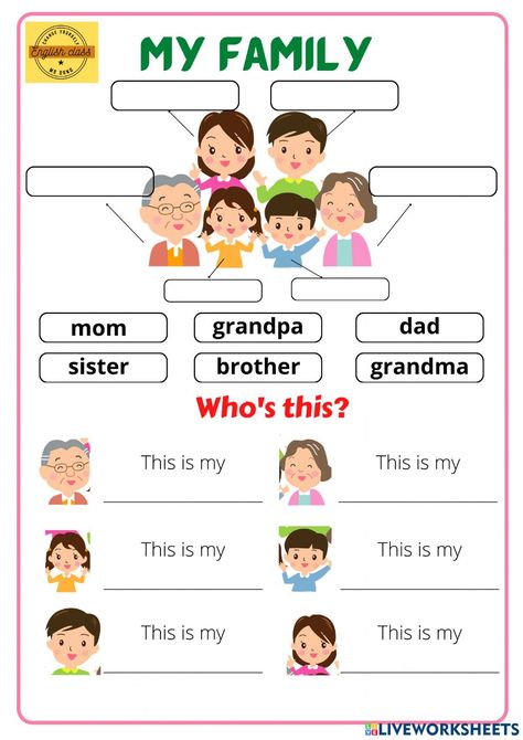 Family members online activity for Grade 2. You can do the exercises online or download the worksheet as pdf. In Family Words, Teach English To Kids, Kids Worksheet, English For Kids, English Worksheets For Kindergarten, Family Worksheet, Kindergarten Reading Activities, Grammar For Kids, English Activities For Kids