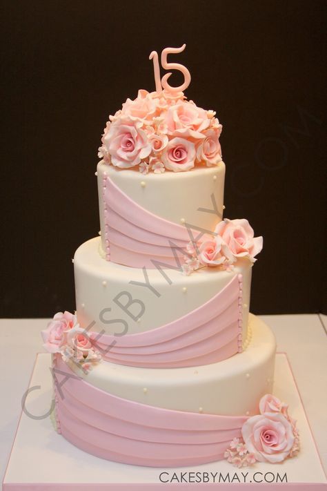 Pink Roses And Draping Quinceanera Cake Love the delicate pink roses and drapes on this elegant cake Quince Cakes, Quince Cake, 15th Birthday Cakes, Quinceanera Cakes, Sweet 16 Cakes, 16 Cake, Elegant Cakes, Gorgeous Cakes, Pink Cake