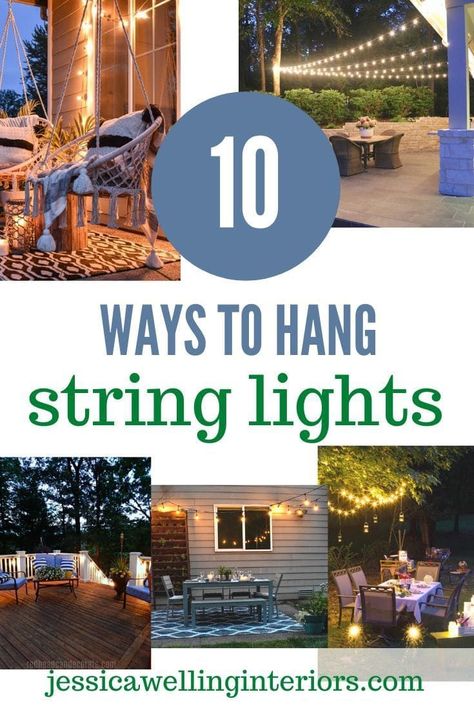 Hang string lights over your patio or deck with these simple step by step tutorials- whether you need to attach them to a building, make your own posts, or hang them from a tree, we've got you covered! Porch String Lights, Hanging Patio Lights, Backyard String Lights, Outdoor String Lights Patio, Diy String Lights, Hanging String Lights, Patio String Lights, Light Ideas, Backyard Lighting