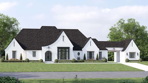 House Plan 41460 - European, French Country, Traditional Style House Plan with 3340 Sq Ft, 4 Bed, 5 Bath, 3 Car Garage 1 Story House Exterior, Large One Story House Plans, House Plans With Porte Cochere, French Tudor Style Homes, Modern French Country House Plans, European Cottage House Plans, Modern French Country House, European Plan, French Modern