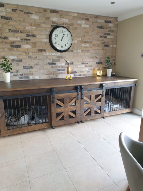 DIY at its best! Tv Unit Dog Crate, Entertainment Center With Dog Kennel, Living Room Dog Kennel, Large Dog Kennel Ideas Indoor Diy, Large Dog Crate Ideas Diy, Cute Dog Kennel Ideas Indoor, Homemade Dog Kennel, Dog Cage Ideas Indoor, Kennel Ideas Indoor