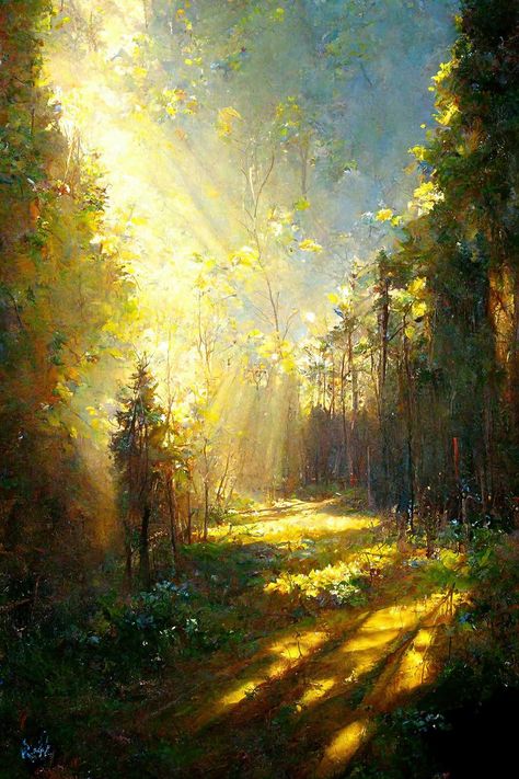 Peaceful Oil Painting, Sun Through Trees Painting, Sunlight Painting, Brown Oil Painting, Forest In Spring, Forest Watercolor Painting, Sunlight Art, Oil Painting Trees, Grass Painting