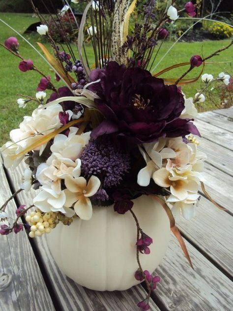 White Pumpkin with Dark Purple Plum and cream floral arrangement for an outdoor Halloween Wedding Halloween Wedding Centerpieces, Pumpkin Table Centerpiece, Pumpkin Centerpieces, Centerpiece Ideas, Fall Centerpiece, Deco Floral, Wedding Table Centerpieces, White Pumpkins, Halloween Wedding