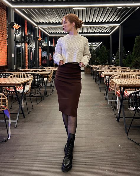 Brown Sweater Skirt Outfit, Tan Skirt Outfit Winter, Rust Sweater Outfit, Grad Pictorial, Cream Top Outfit, Tan Skirt Outfits, Midi Skirt Fall Outfit, Skirt And Sweater Outfit, Sweater With Skirt