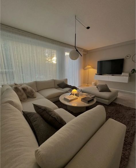 Couch White, White Tables, Apartments Ideas, Cloud Couch, Tv Lounge, Minimalistic Home, Lounge Interiors, Large Sectional, Luxury House Interior Design