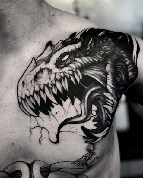 T Rex Tattoo, Blackwork Designs, Dinosaur Tattoos, Anime Tattoo, Komodo Dragon, Animals Art, Anime Tattoos, Tattoo Ink, Chest Tattoo