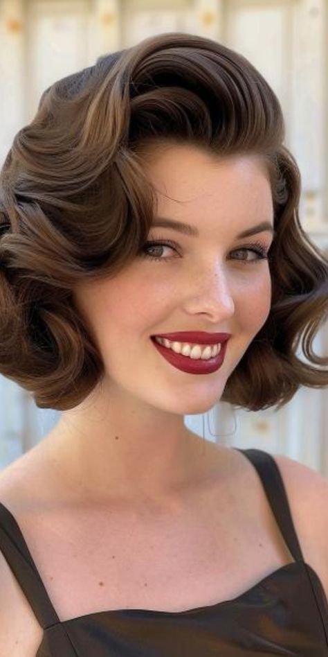 Explore the rich history of style with 27 vintage haircuts for 2024. These cuts are inspired by the past, yet perfect for today. Retro Shoulder Length Hair, Pin Curl Pattern Short Hair, 60 Hairstyles Vintage, Mob Wife Haircut, Old Hollywood Short Hair, Flapper Hair Short, Vintage Hairstyles Short Hair, Short Hair Retro, Wedding Hairstyles Vintage