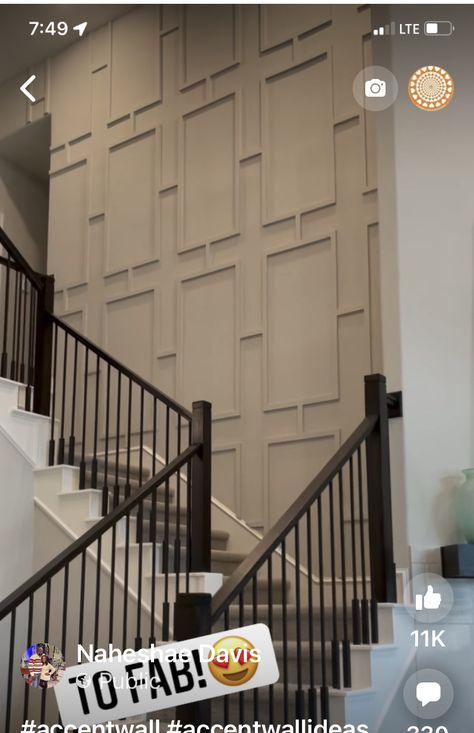 Top Of Stairs Accent Wall, 2 Story Accent Wall Ideas, Stairs Wall Panelling, Accent Staircase Wall, Modern Wall Paneling Ideas, Stairway Wall Ideas, Stairs Feature Wall, Stair Accent Wall, Stairway Accent Wall