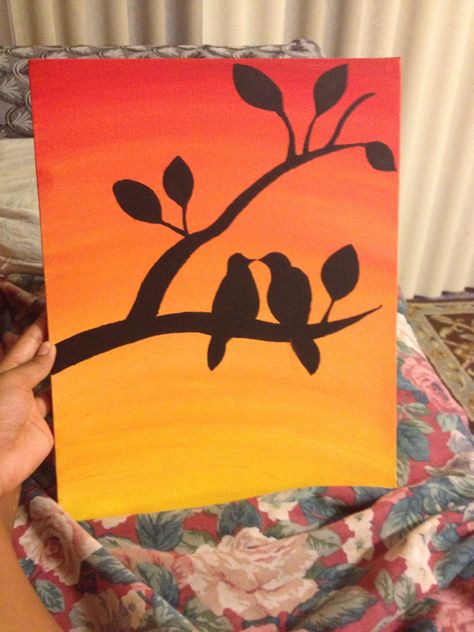 Painting Ideas On Canvas Simple Easy Sunset, Birds Canvas Painting, Warm Colour Painting, Sunset Easy Paintings, Bird Painting Easy, Sunset Background Painting Easy, Easy Bird Painting, Sunset With Trees Painting Easy, Sunset Acrilic Paintings Easy