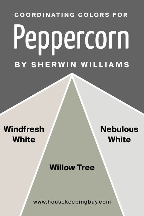 Since we already discovered that Peppercorn is from the dark color family and has gray undertones it means only one thing – it will go well with light colors! So, the official Sherwin Williams website gives us their recommendations on how to coordinate Peppercorn with other Sherwin Williams colors. First of all, they offer to match it with Windfresh White, which is a warm tone of white, also can be described as a bone color. Best Sherwin Williams Exterior Paint Colors, Peppercorn Trim Exterior, Wherein Williams Peppercorn, Sherwin Williams Peppercorn Coordinating Colors, Peppercorn Sherwin Williams Accent Walls, Pepper Corn Sherwin Williams, Sherrington Williams Paint, Peppercorn Paint Sherwin Williams, Sw Peppercorn Coordinating Colors