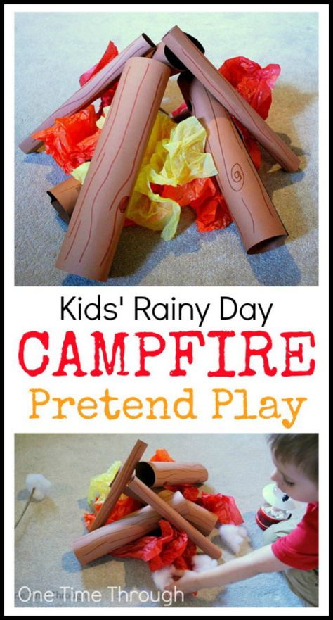 Kids' Rainy Day Campfire Pretend Play - craft and ideas for play from One Time Through #pretendplay #rainyday #kidscrafts Camping Dramatic Play, Camping Preschool, Camping Theme Preschool, Camping Crafts For Kids, Camping Theme Classroom, Indoor Camping, Dramatic Play Centers, Toddlers And Preschoolers, E Mc2