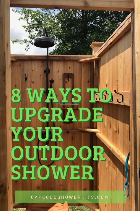 Click on the link to find out some ways you can upgrade your outdoor shower 🚿 Outdoor Shower Towel Storage, Outdoor Shower Shelves, Backyard Outdoor Shower Ideas, Simple Outdoor Bathroom Ideas, Outdoor Shower Caddy Ideas, Outdoor Shower Storage Ideas, Outdoor Shower Caddy, Outdoor Shower Floors, Outdoor Shower Accessories