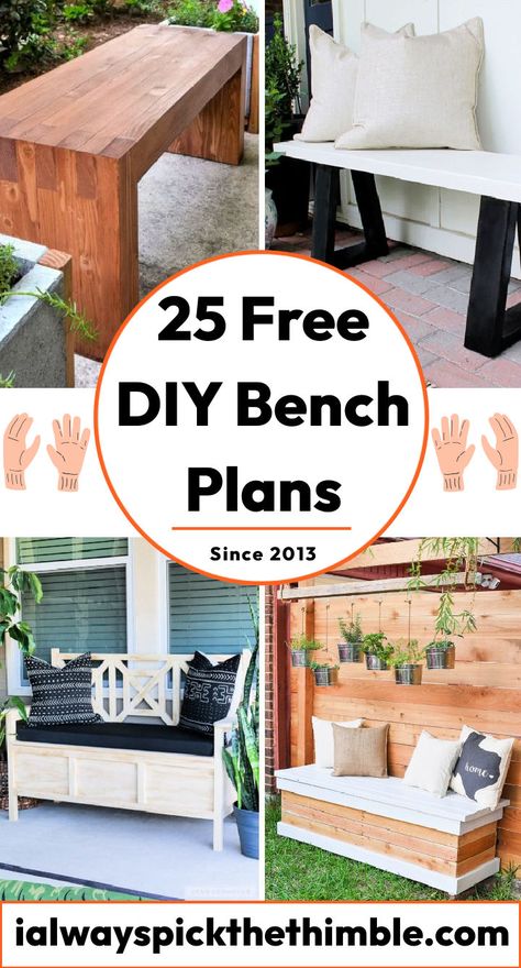 25 Free DIY Bench Plans: How To Build a Simple Bench Front Porch Benches Diy, How To Build A Bench Outdoor, Building Bench Seating, Diy Garden Bench Plans, Build A Bench Diy, Entryway Bench Plans, Diy Sitting Bench, Homemade Benches For Outside, Diy Benches For Outside