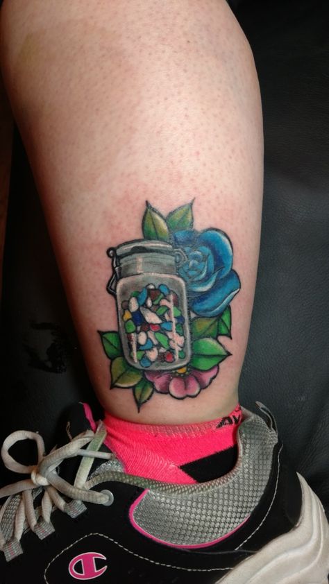 Colorful sea glass jar Sea Glass Tattoo Ideas, Beach Glass Tattoo, Seaglass Tattoo, Sea Glass Tattoo, Beach Tattoo, Meaningful Tattoos, Sea Glass Art, Simplistic Tattoos, Body Mods