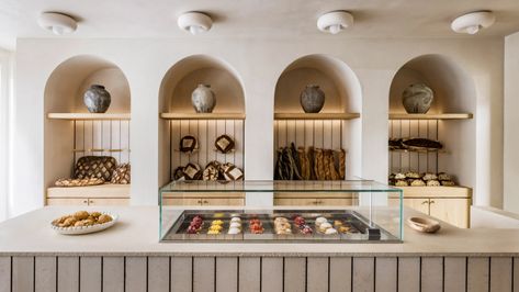 Blue Stone Floors, Bread Display, Bakery Interior, Round Ceiling Light, Cosy Interior, French Bakery, Bakery Design, Ceramic Techniques, Minimalism Interior