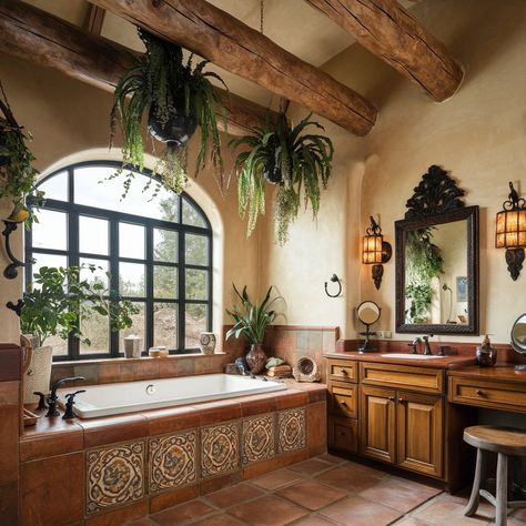 Stunning Mediterranean House 💖💙💙 Western Spanish House, Mediterranean Home Decor Tuscan Style, Spaniard Style Home, Tuscan Villa Interior Decor, Spanish Bathroom Hacienda Style, Hacienda Style Bathroom, Tuscany Bathroom, Hacienda Style Homes Interiors, Hacienda Bathroom