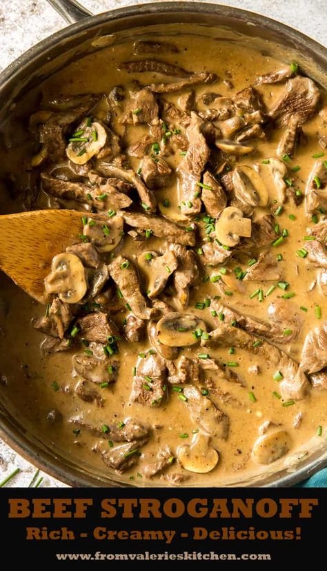 Melt in your mouth strips of sirloin and sliced cremini mushrooms, melded with a rich, creamy, perfectly seasoned sauce. This Beef Stroganoff recipe makes for a truly memorable meal. #beefstroganoff #sirloin #steakrecipes #beefstroganoffrecipe Crock Pot Stroganoff, Classic Beef Stroganoff Recipe, Best Beef Stroganoff, Beef Stroganoff Crockpot, Beef Stroganoff Recipe, Cream Soup Recipes, Beef Stroganoff Easy, Slow Cooker Beef Stroganoff, Stroganoff Recipe